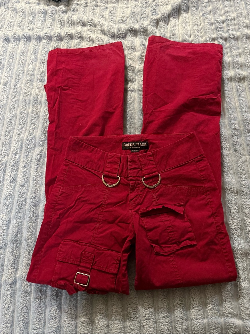 Vintage Y2K GUESS Red Low-Rise D-Ring Cargo Flare Pants - size 24